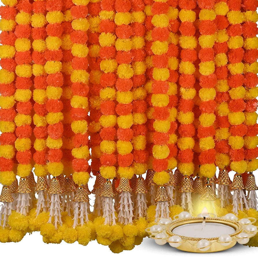 TAPFIRE Marigold Artificial Flowers for Decoration Long Garland for Diwali Decoration Navratri, Pooja, Home Inauguration, Temple, Wedding,5 Feet Long 5 Pcs with 1 Diya